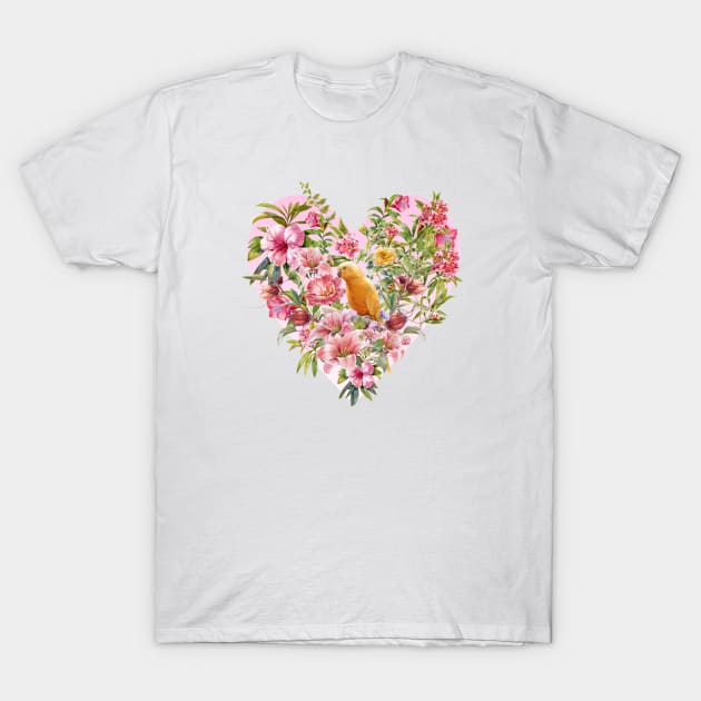 Pink Floral Heart with Yellow Parrot T-Shirt by Biophilia